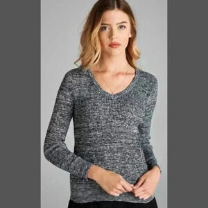 "Sam" Ribbed V-Neck Knit Marled Sweater